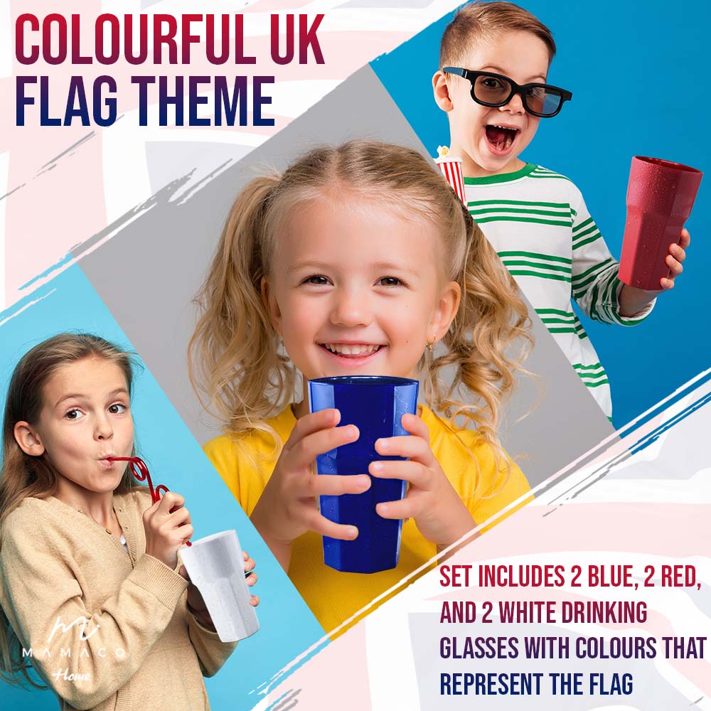 Three children hold Mamaco Homes unbreakable USA flag-themed glasses, with one in a striped shirt holding a red glass, another with pigtails proudly displaying her blue glass, and the third in a beige top clutching the white glass. These shatterproof tumblers are perfect for patriotic celebrations.