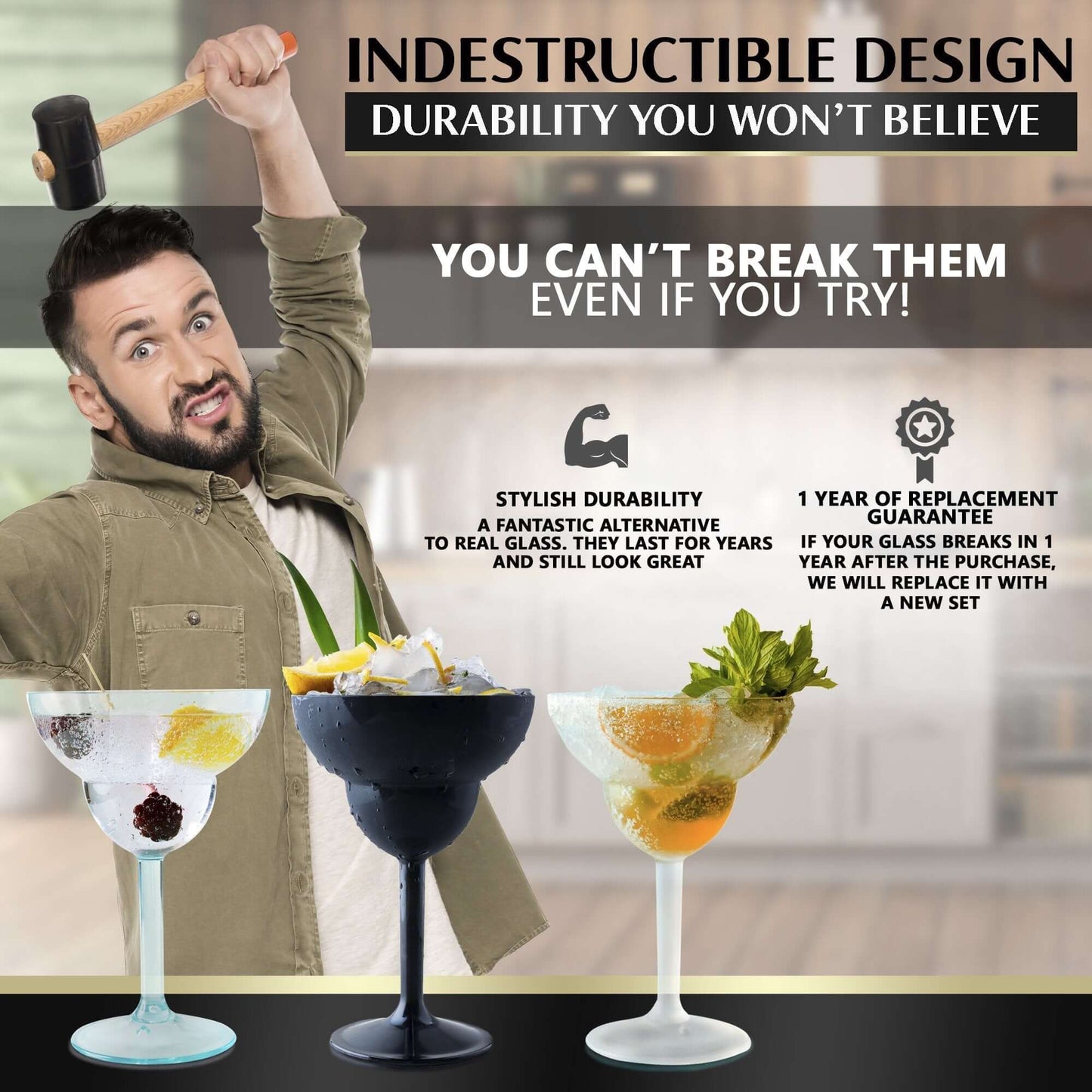 A person with a mallet stands beside three Mamaco Home Unbreakable Margarita Glasses – 14oz Large Polycarbonate Drinkware, highlighting their strength and unbreakable polycarbonate design as an alternative to real glass, backed by a 1-year replacement guarantee.
