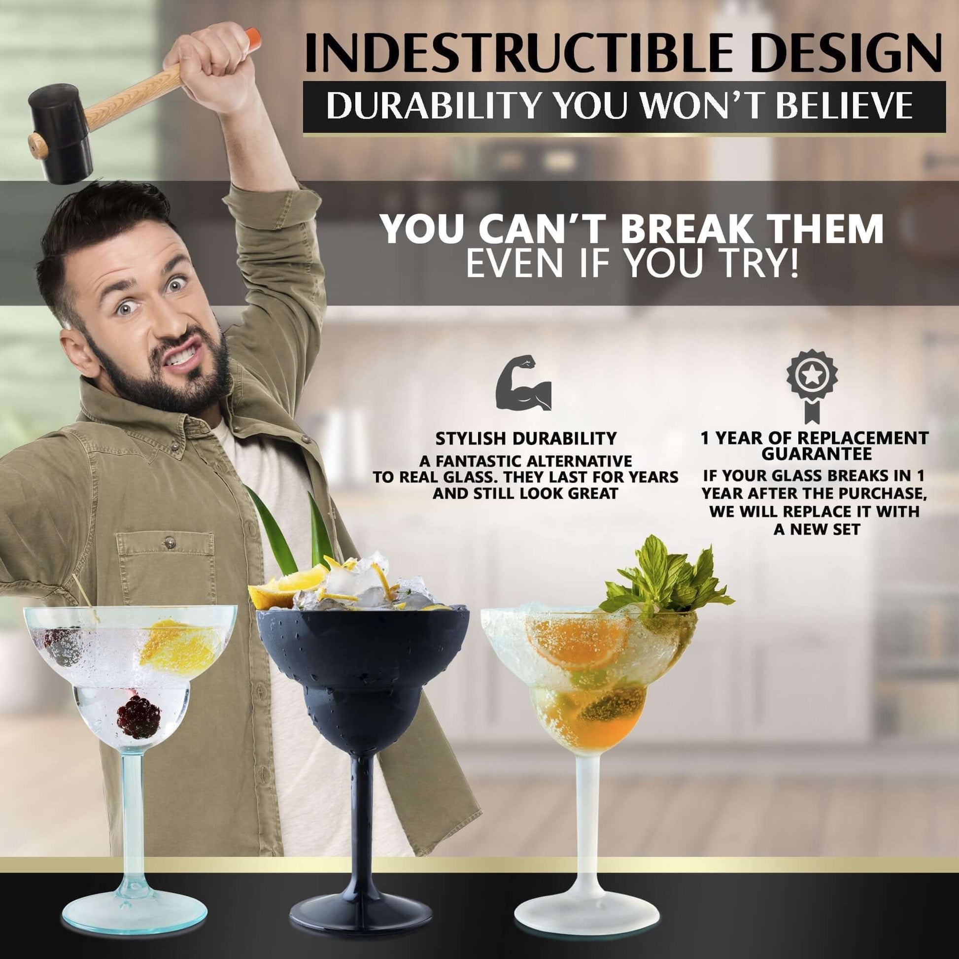A person with a mallet stands beside three Mamaco Home Unbreakable Margarita Glasses – 14oz Large Polycarbonate Drinkware, highlighting their strength and unbreakable polycarbonate design as an alternative to real glass, backed by a 1-year replacement guarantee.
