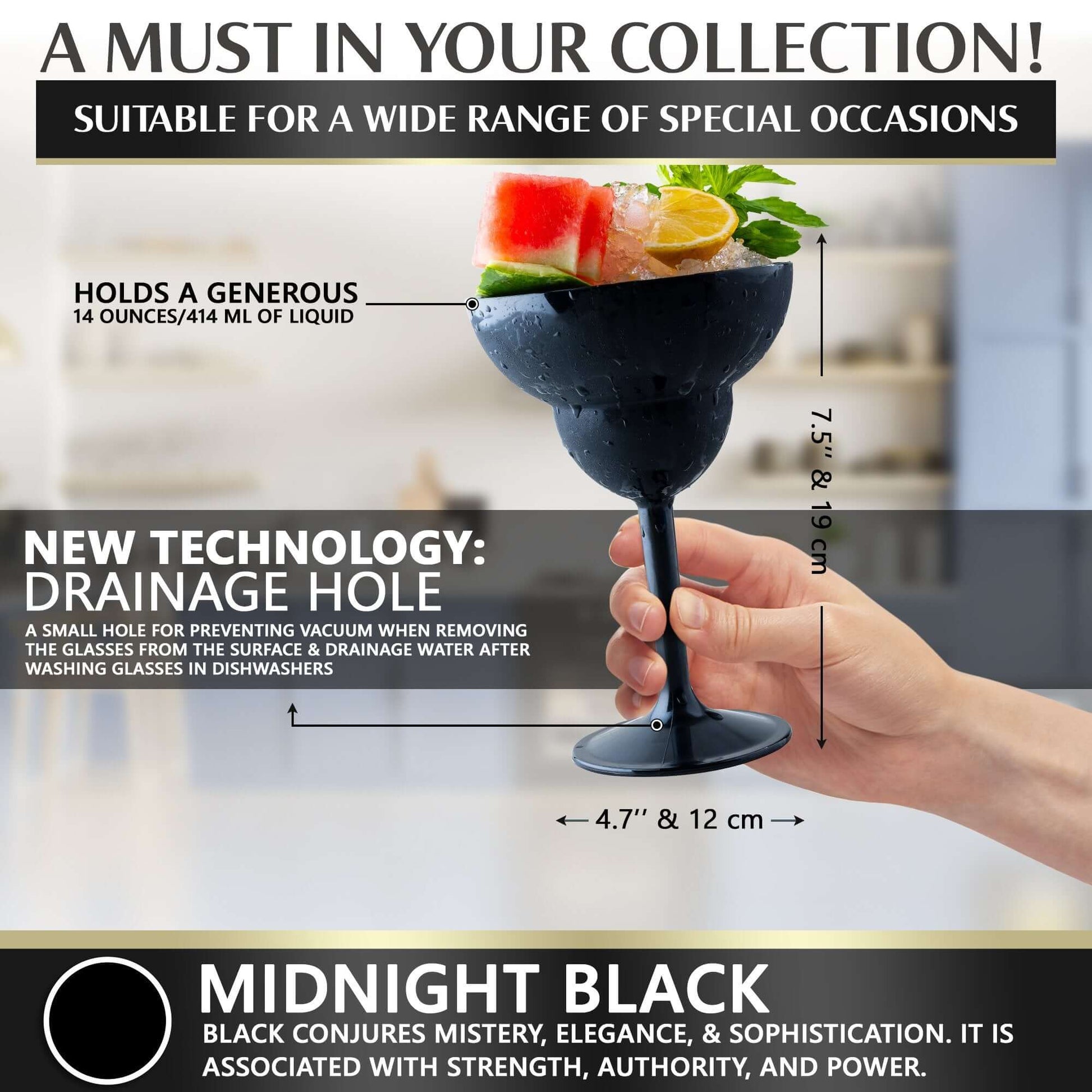 A hand holds the 14oz Unbreakable Margarita Glass by Mamaco Home, made from durable polycarbonate for elegance. It features a drainage hole, stands 7.9 inches tall, and is adorned with fruit garnish for stylish sophistication in every cocktail.