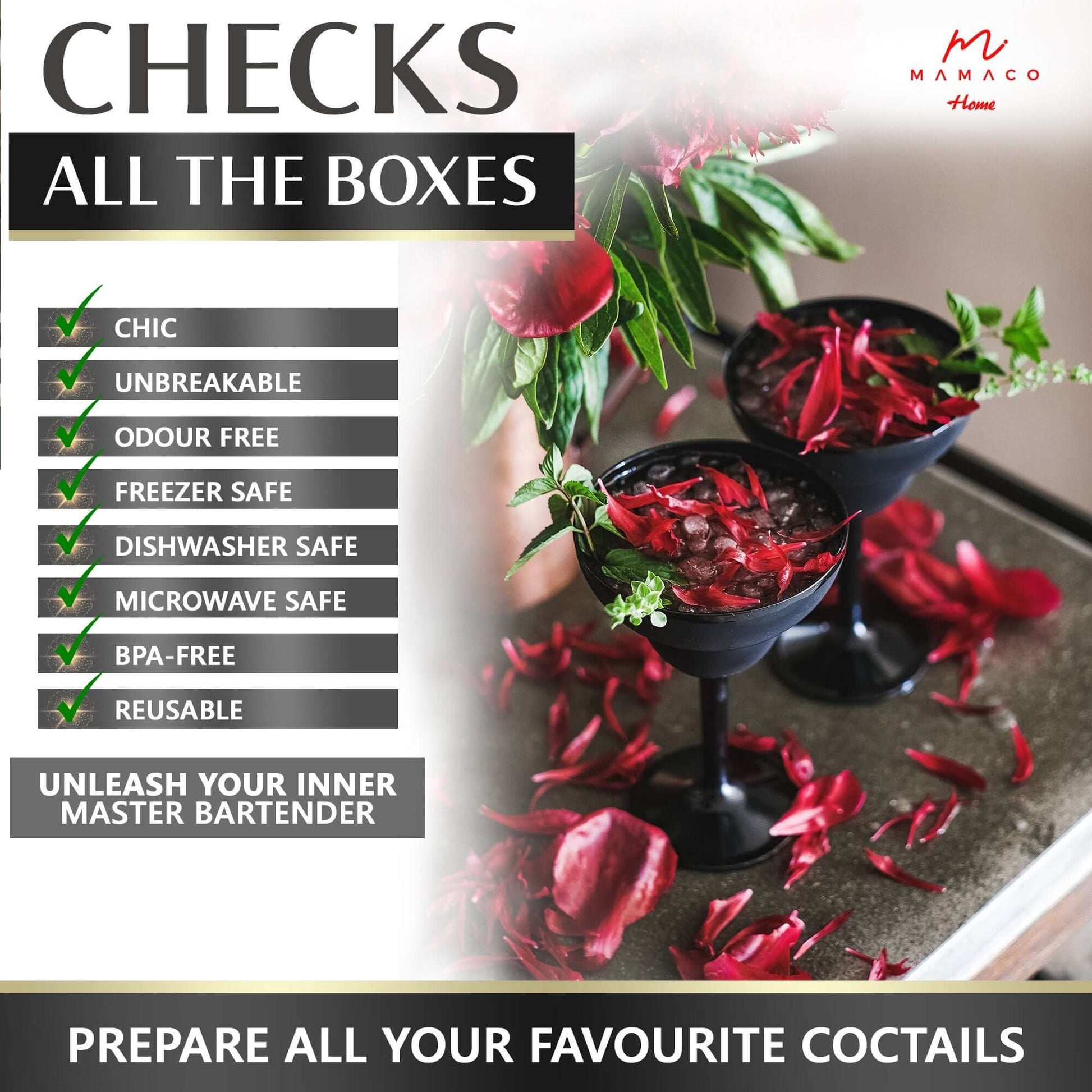 Mamaco Homes Unbreakable Margarita Glasses in black are crafted from impact-resistant polycarbonate, featuring red petals on a table. These chic 14oz glasses are odor-free, microwave/freezer/dishwasher safe, BPA-free, and reusable. Unleash Your Inner Master Bartender with this elegant gift box set.