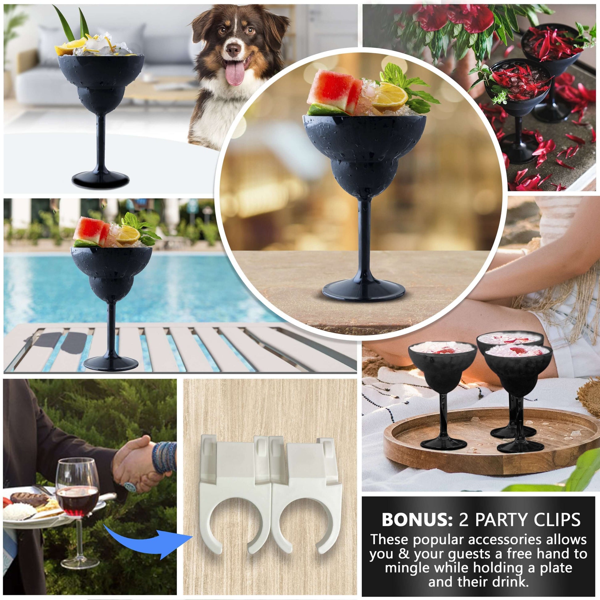A collage showcases Mamaco Homes unbreakable 14oz margarita glasses with stems in settings like a pool, garden, and indoor party. Includes close-ups of two party clips and a dog. Text highlights the free-hand clips for events. Made from durable polycarbonate for peace of mind.