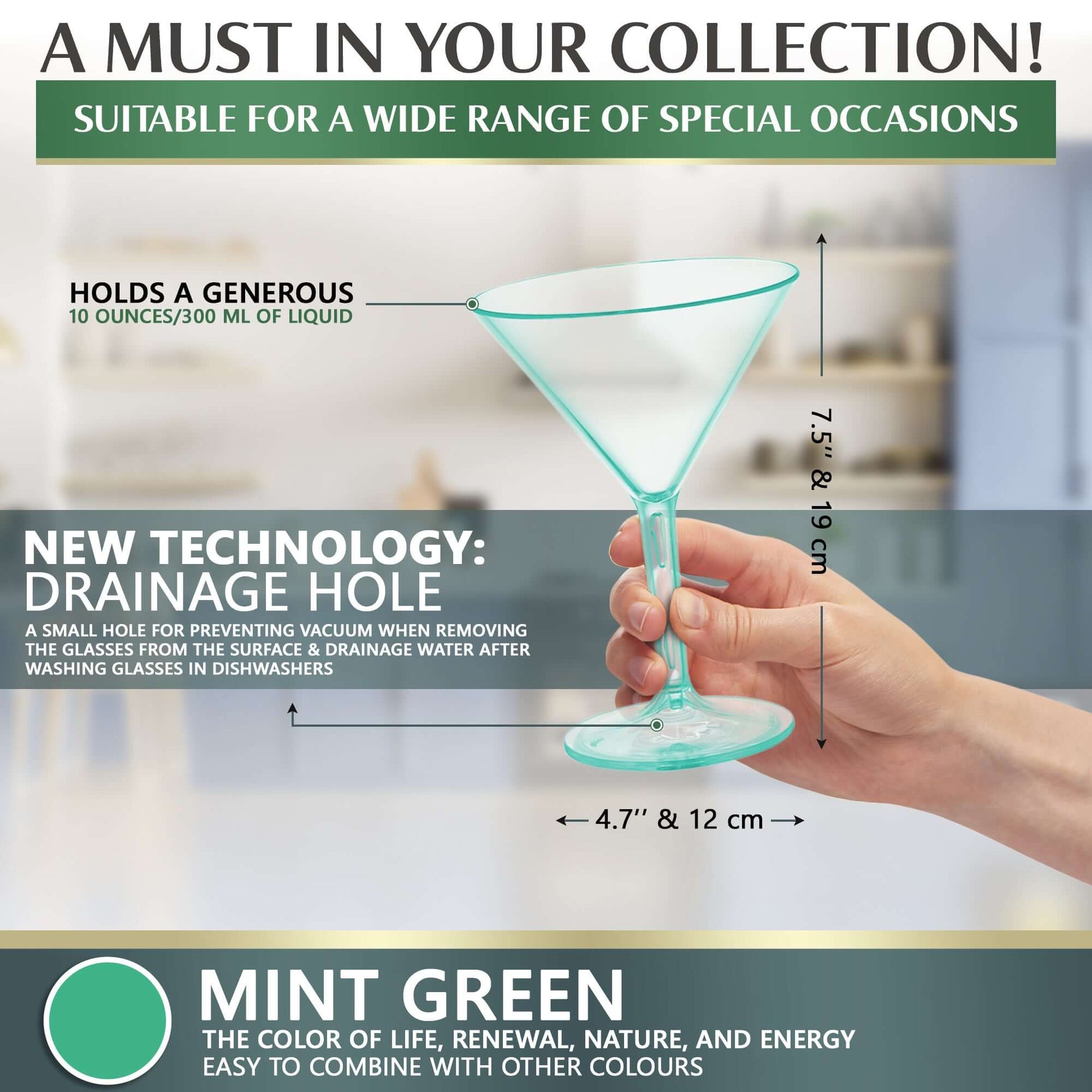 A hand displays a mint green Mamaco Home martini glass, crafted from unbreakable polycarbonate. It holds 10 oz, features a drainage hole, and measures 6.3 high by 4.7 wide. This BPA-free design is perfect for special occasions, allowing the colors symbolism to shine through.