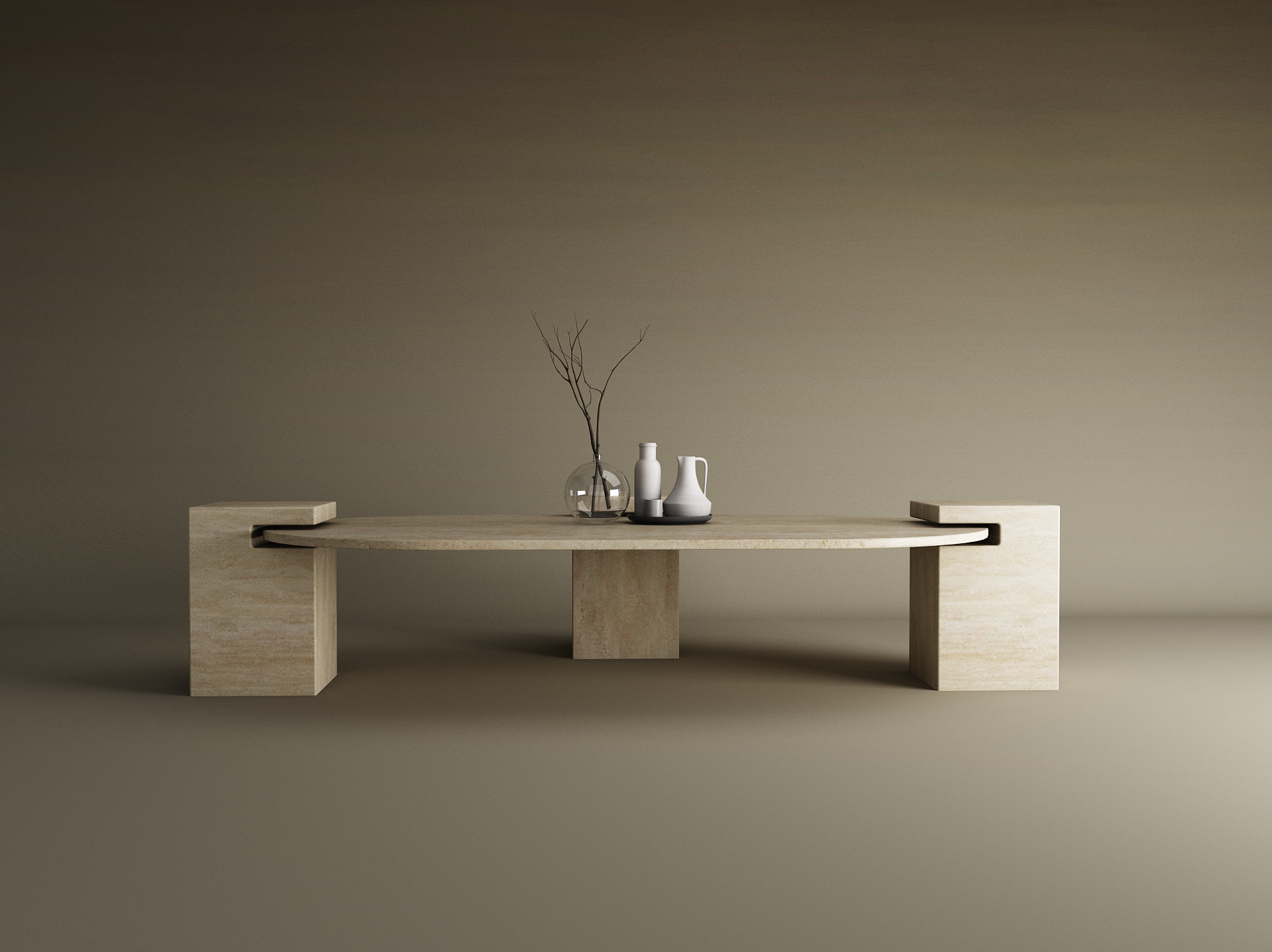 The TRAVERTABLE Oval Travertine Coffee Table with Square Base exudes understated elegance, featuring a minimalist beige stone design. Styled with a glass vase and ceramic pitchers, it sits against a warm neutral beige and brown backdrop. Customizable to fit your space.