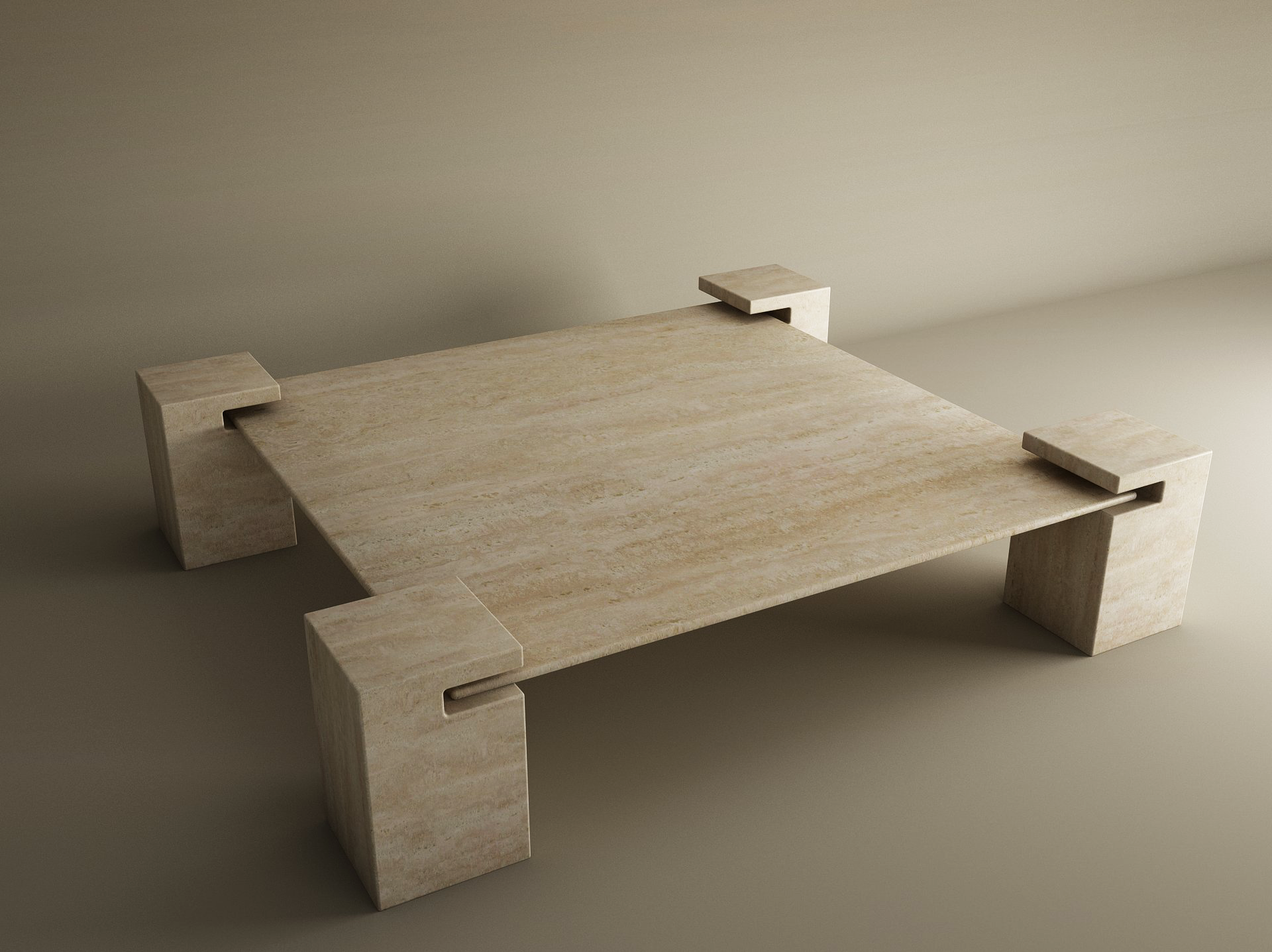 The Square Travertine Coffee Table with Square Base by TRAVERTABLE features solid travertine in light beige, a minimalist flat top, and blocky legs with interlocking notches—an elegant, customizable fit for any modern living space.