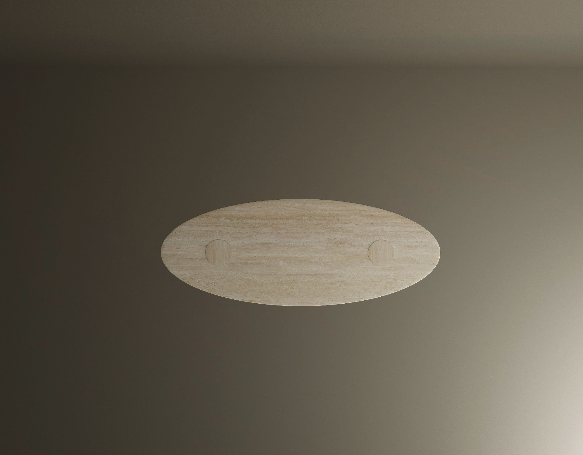 The TRAVERTABLE Ellipse Travertine Coffee Table features an oval beige stone top with natural veining and two circular indentations, positioned on a solid cylindrical base and shown against a smooth light brown background with overhead lighting.