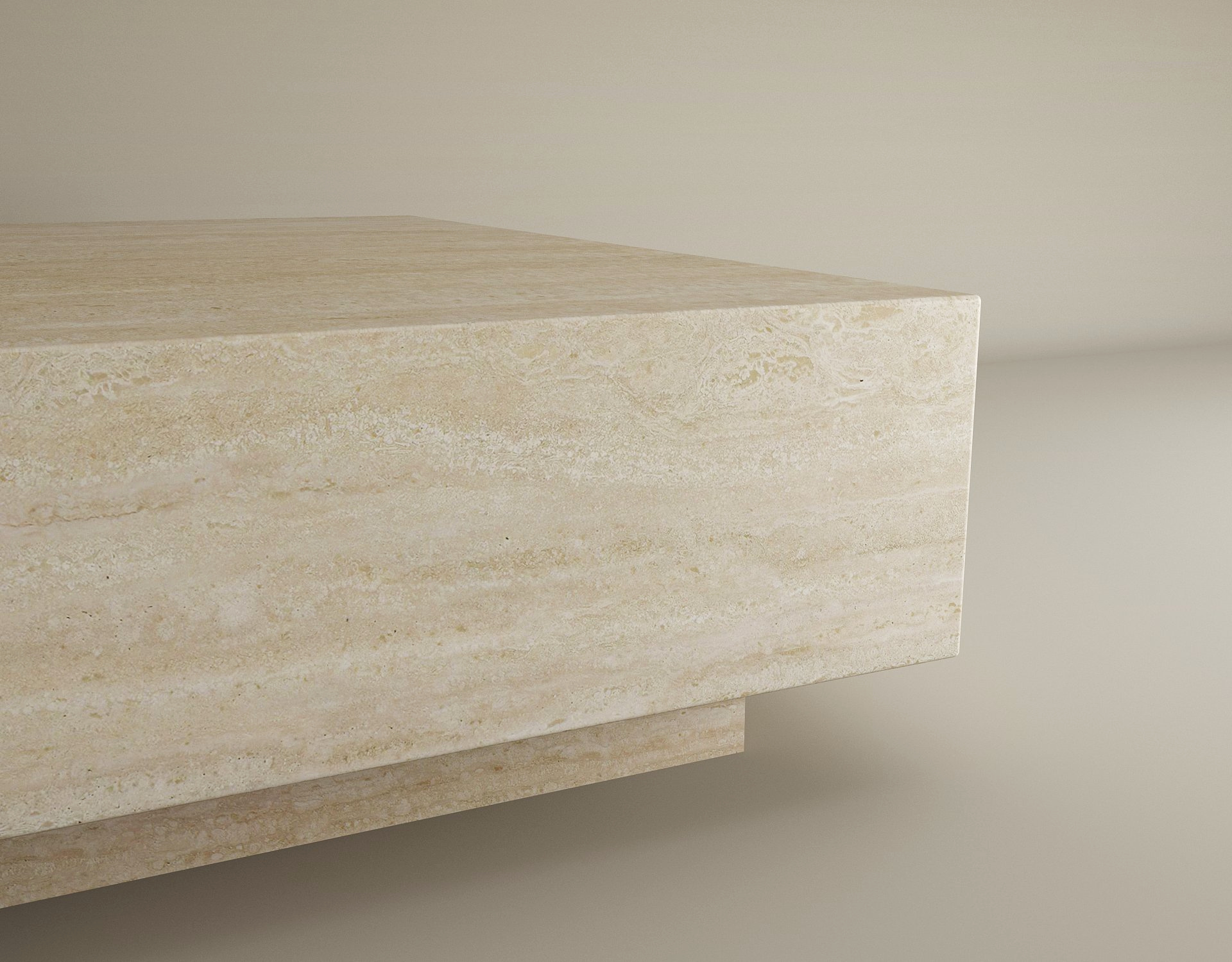 A close-up of the TRAVERTABLE Square Travertine Coffee Table with Hidden Base showcases its hand-finished surface, natural patterns, and minimalist elegance—an understated, customizable piece set against a plain background.