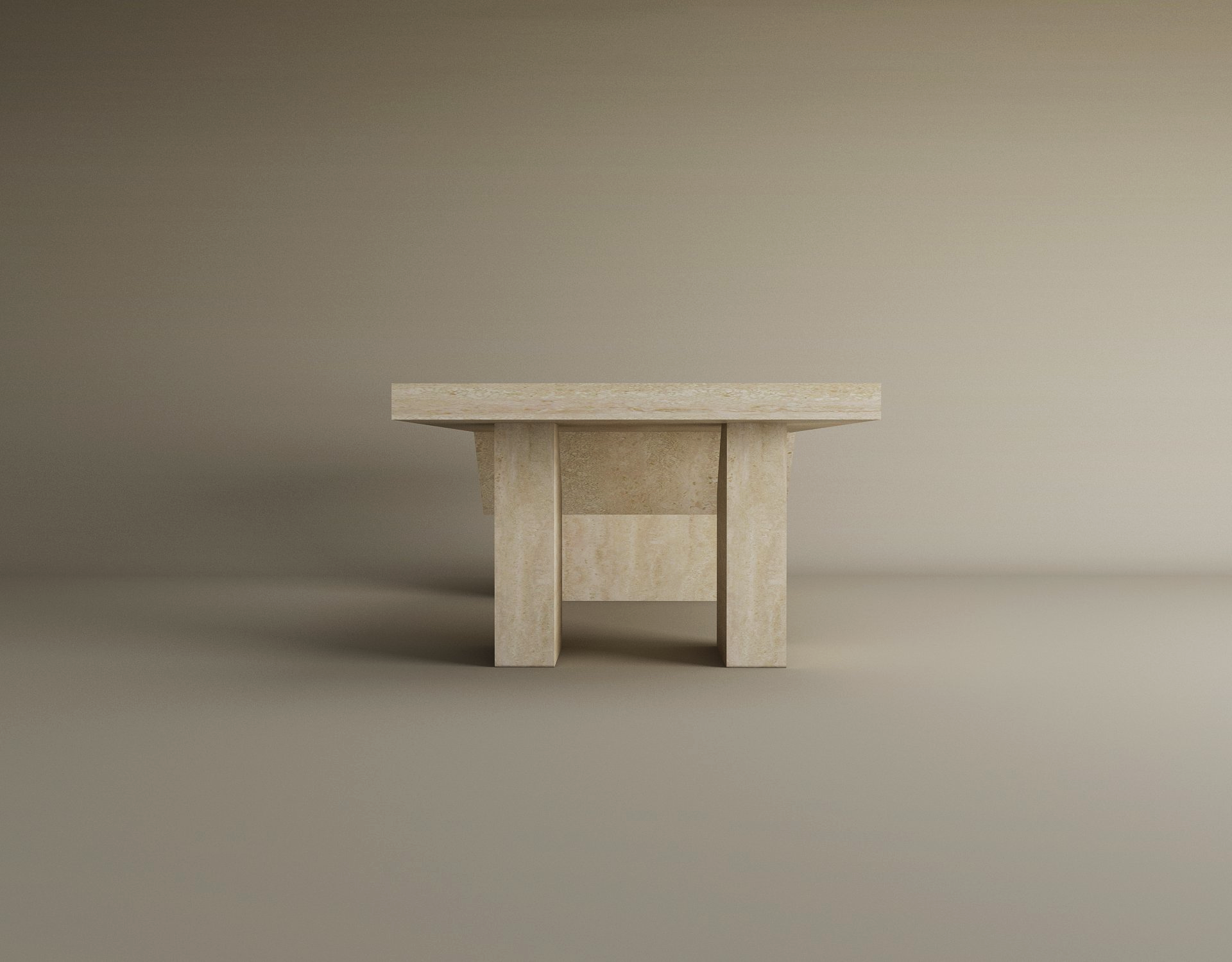 The TRAVERTABLE Architectural Travertine Coffee Table features a sculptural base and thick rectangular top in timeless natural stone, with a minimalist geometric design. Customizable and set against a gradient beige background.