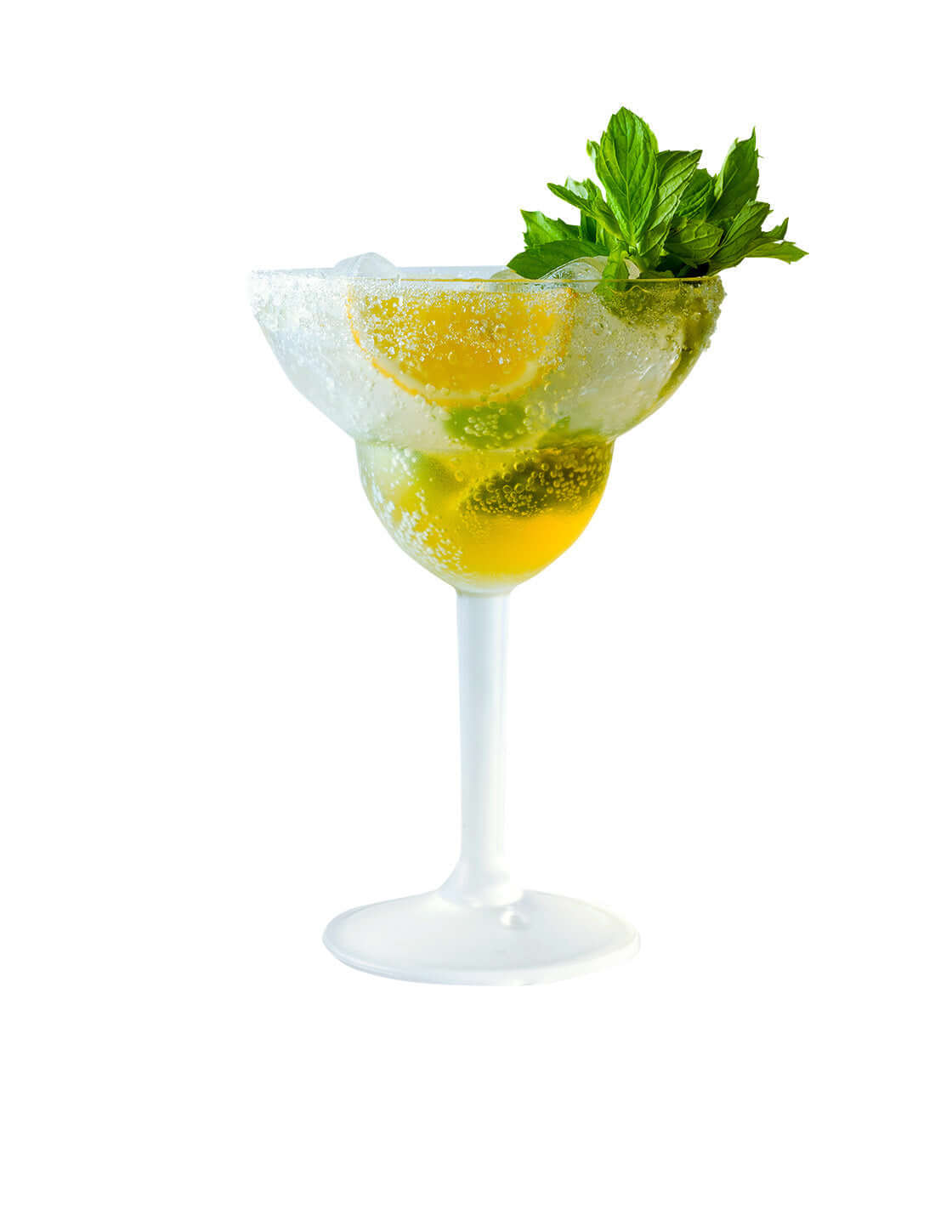 A frozen cocktail is served in a Mamaco Home Unbreakable Margarita Glass—a 14oz large polycarbonate drinkware—garnished with lime slices and mint, set against a white background.