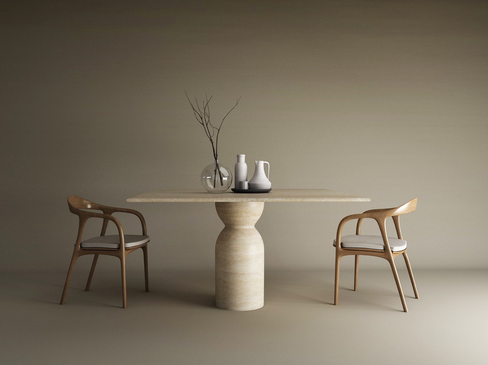 The Square Travertine Dining Table with Sculptural Round Center Base by TRAVERTABLE, featuring an organic stone form, is styled with vases and a pitcher. Two wooden chairs with white cushions flank this customizable table against a beige backdrop.