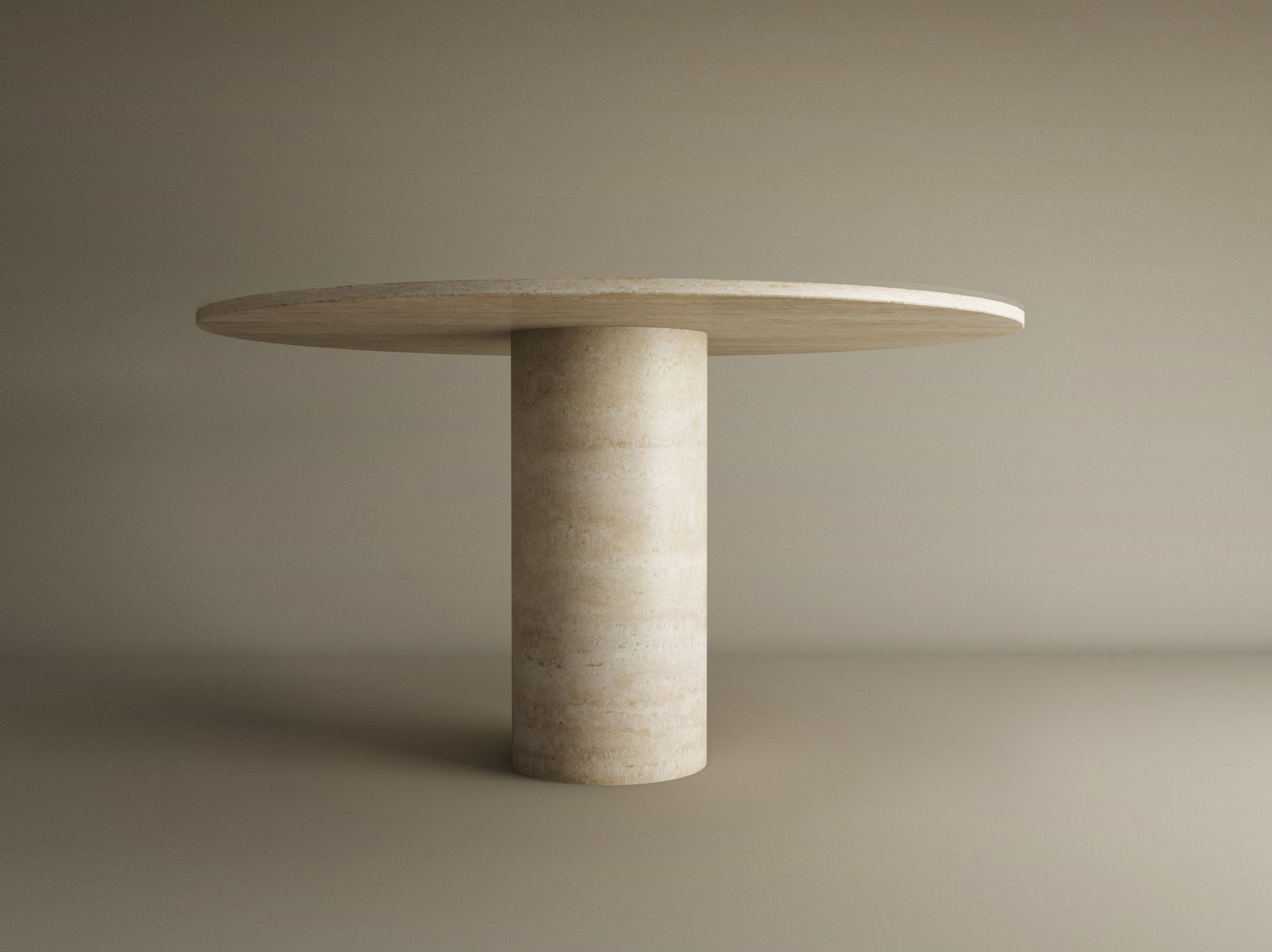 The TRAVERTABLE Oval Travertine Dining Table features a pure travertine stone oval top and a sturdy cylindrical center base—an elegant, customizable piece to transform your dining space.