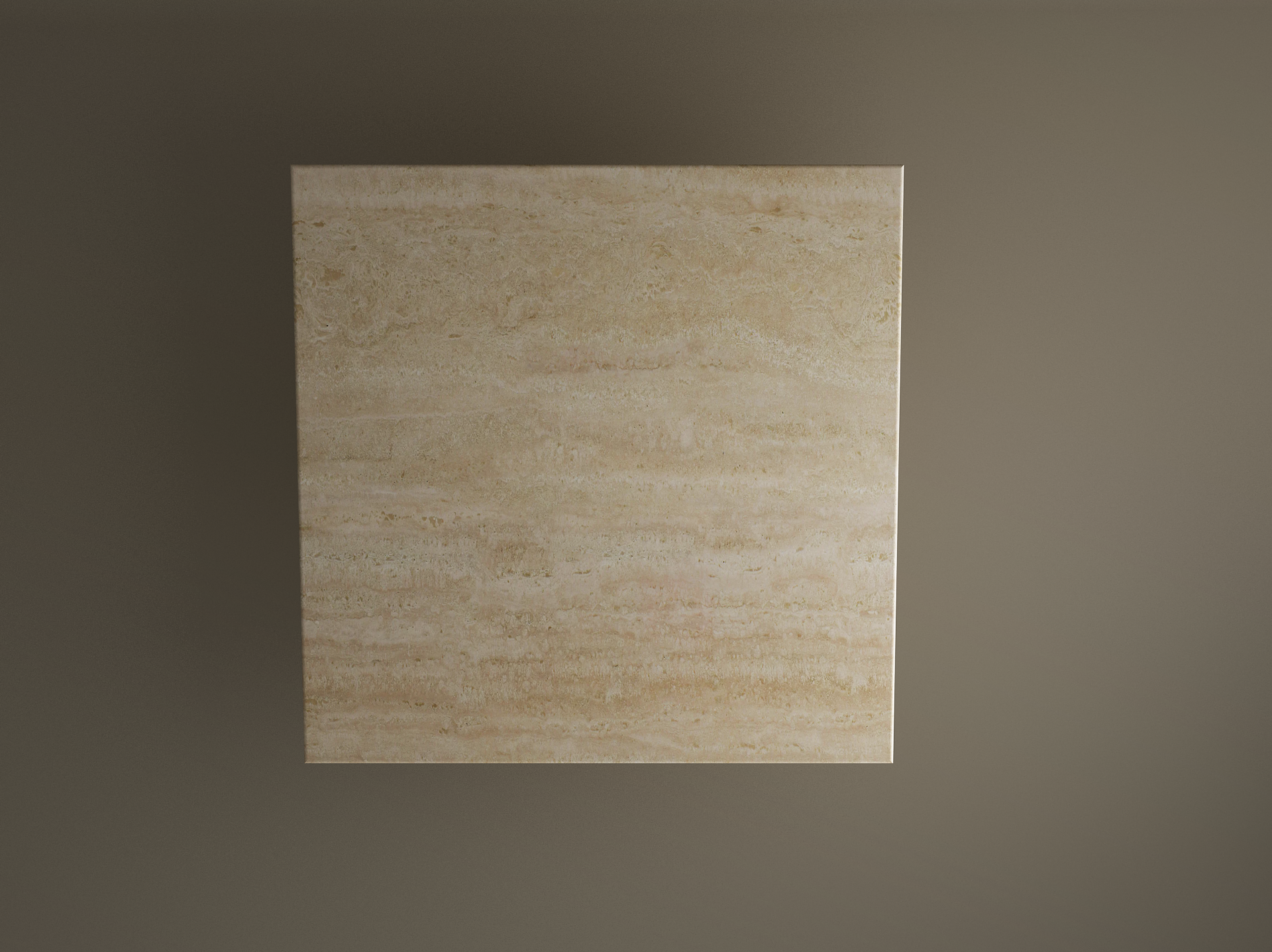 Centered against a plain brown background, the TRAVERTABLE Square Travertine Dining Table features pure travertine stone with hand-finished details and natural veining, highlighting its custom horizontal striations and a cylindrical center base.