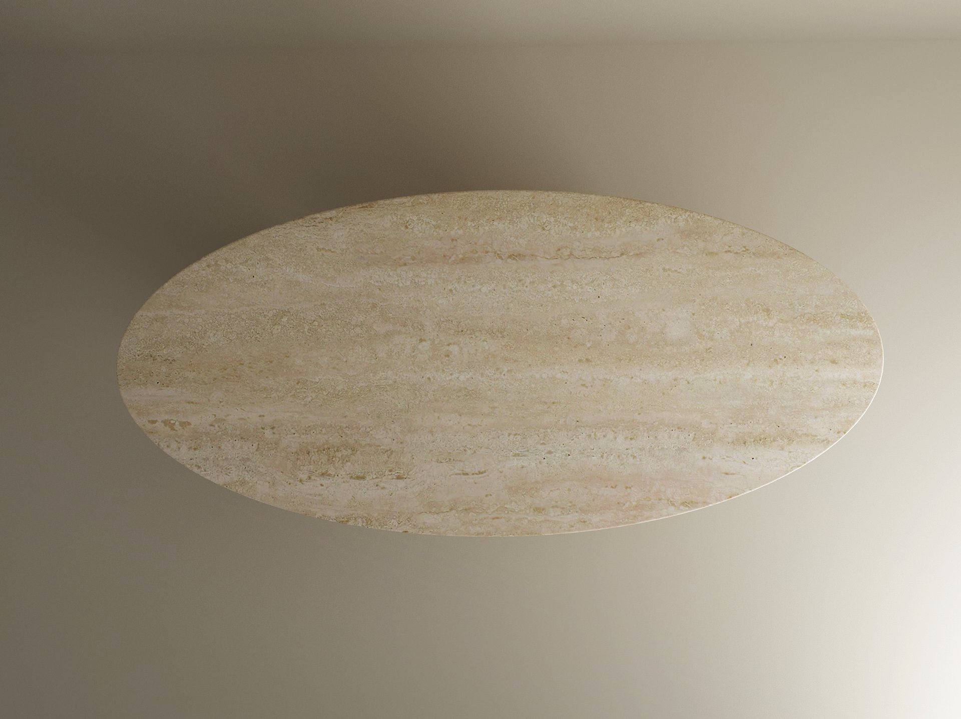 The Ellips Travertine Dining Table by TRAVERTABLE features an oval beige travertine top and a fluted round solid stone base, shown from above against a light background; this customizable dining table blends elegance with natural beauty.