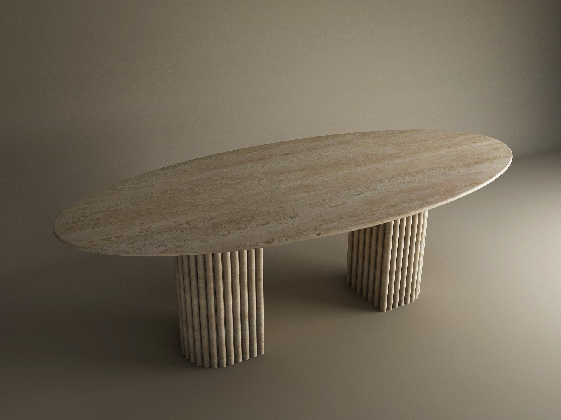The TRAVERTABLE Ellips Travertine Dining Table features an oval natural stone tabletop and two fluted cylindrical bases, crafted from solid travertine and customizable to fit your style.