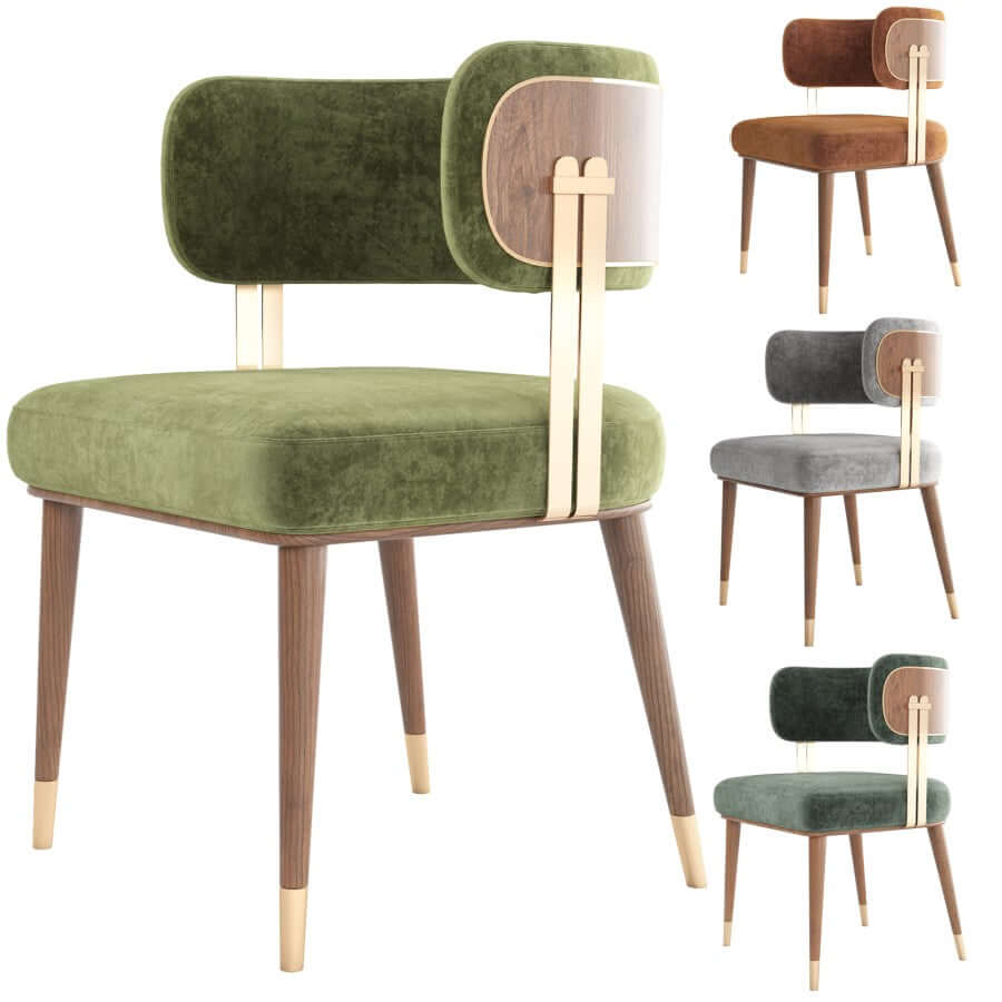 Four Mid-Century Modern Walnut and Brass chairs by Travertable come in velvet upholstery colors of green, brown, gray, and teal. They feature wooden legs with unique upper back support attached via walnut paneling with brass accents—ideal for stylish home decor enthusiasts.