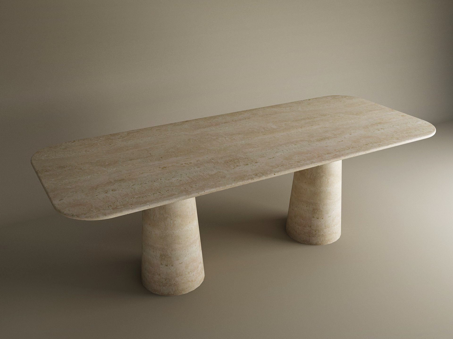 The TRAVERTABLE Rectangular Travertine Dining Table features a natural stone tabletop and organic travertine conical pedestal base, set against a neutral background. Customizable design.