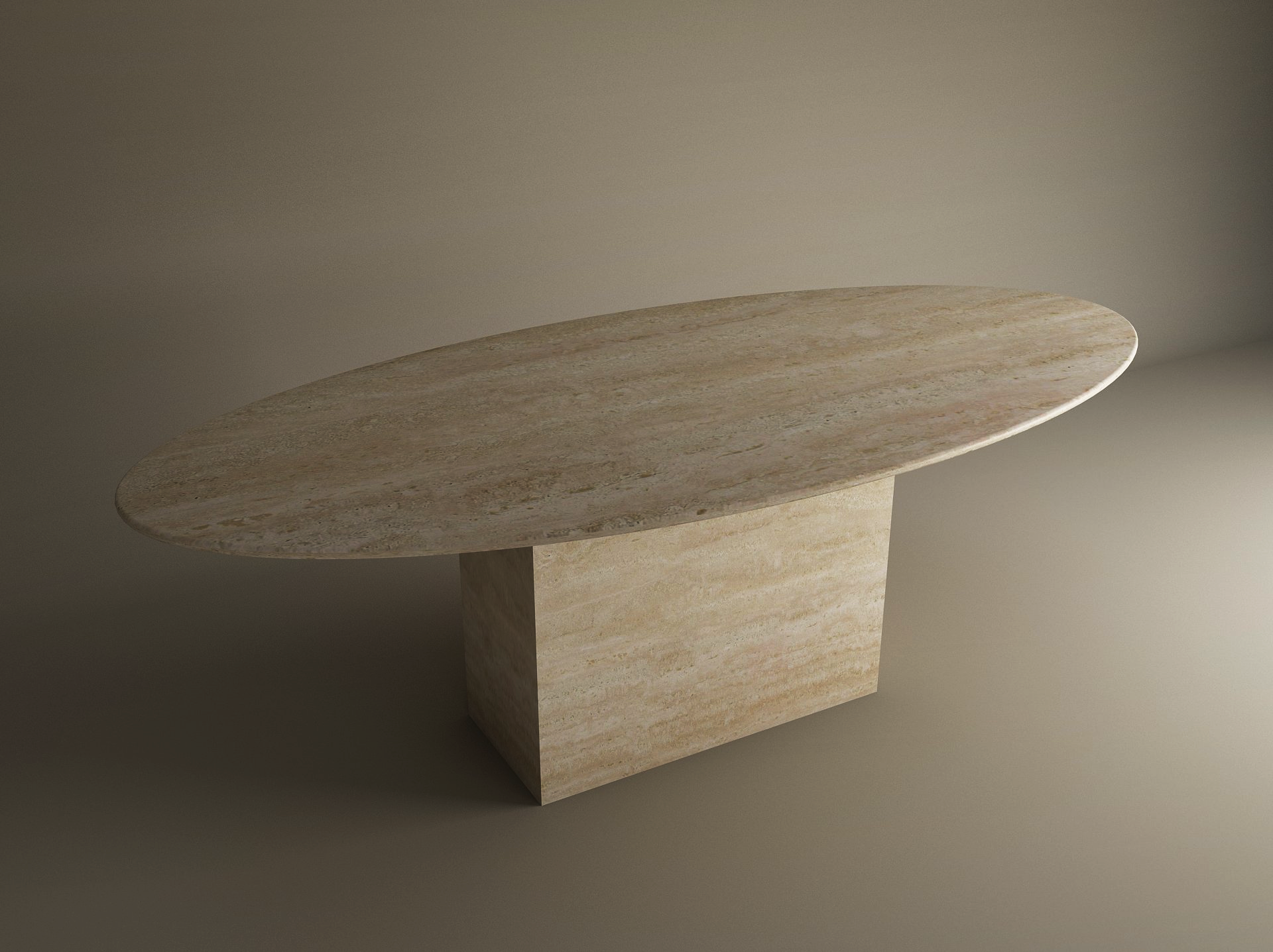 The TRAVERTABLE Ellips Travertine Dining Table features a thick natural stone tabletop and block base in beige, set against a plain neutral background. This customizable dining table combines elegance and durability.