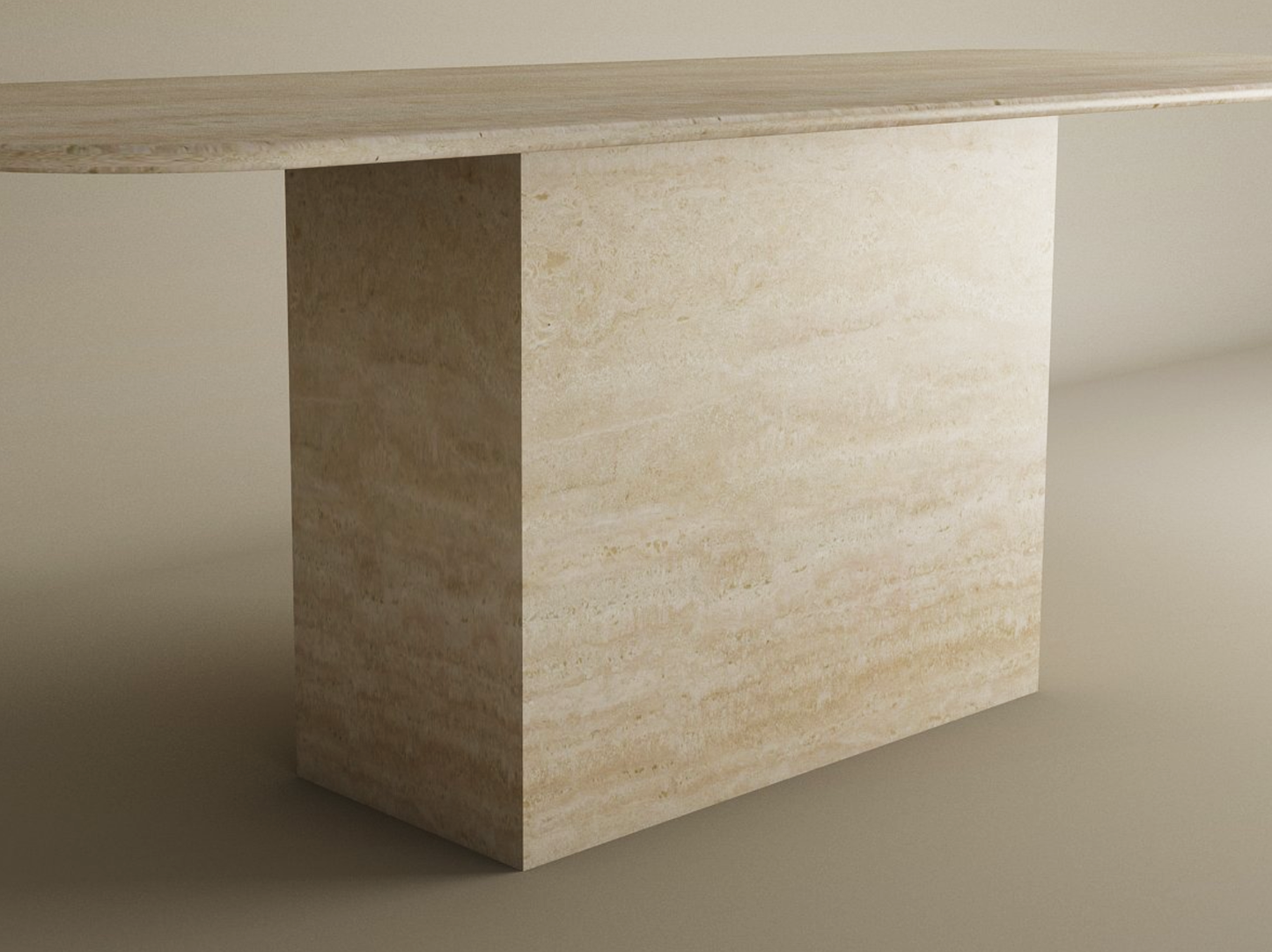 The TRAVERTABLE Rectangular Travertine Dining Table features a natural stone tabletop and block base, offering a timeless, customizable design that complements neutral spaces with its solid build and smooth surface.