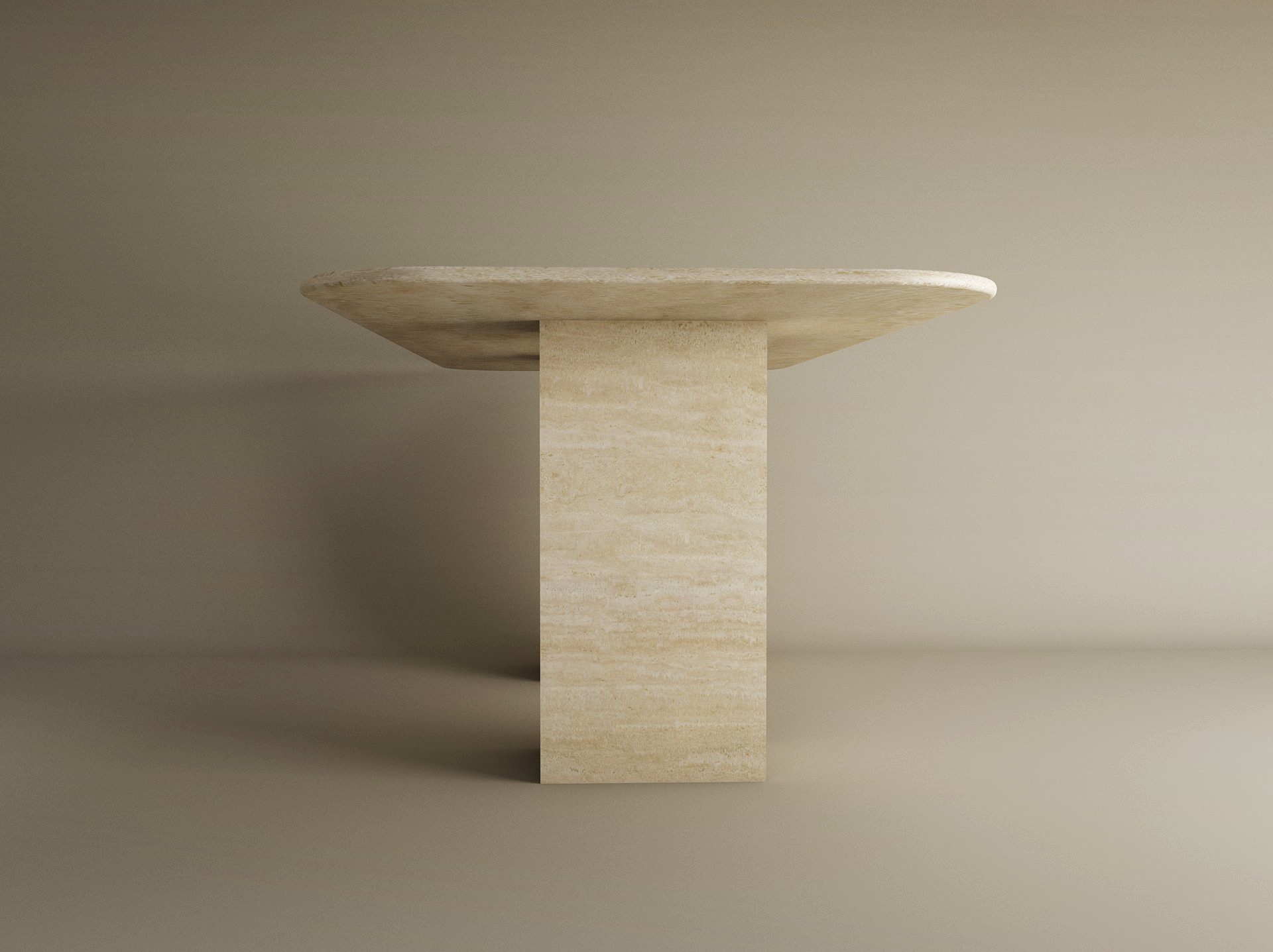 The TRAVERTABLE Rectangular Travertine Dining Table features a natural travertine stone top and thick rectangular pedestal base, set against a plain beige background. Customizable design by TRAVERTABLE.