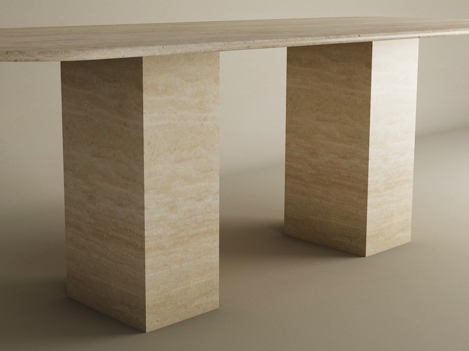 The TRAVERTABLE Rectangular Travertine Dining Table features a natural stone tabletop and smooth surface, supported by two thick rectangular pedestal bases—an elegant, customizable piece for any neutral dining space.