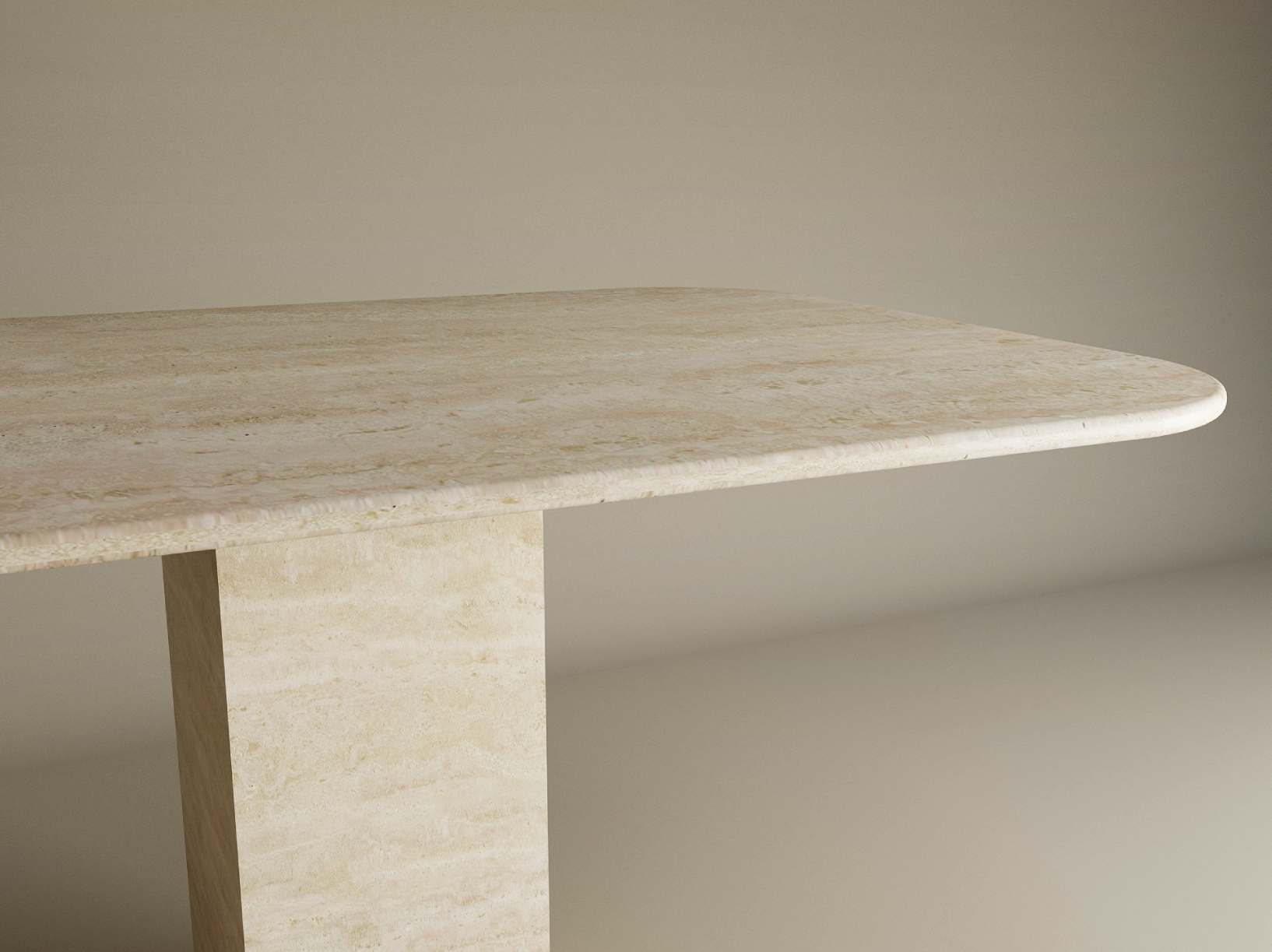 The TRAVERTABLE Rectangular Travertine Dining Table features a natural travertine stone top with rounded edges and a sturdy rectangular pedestal base, offering minimalist elegance. Customizable options are available.