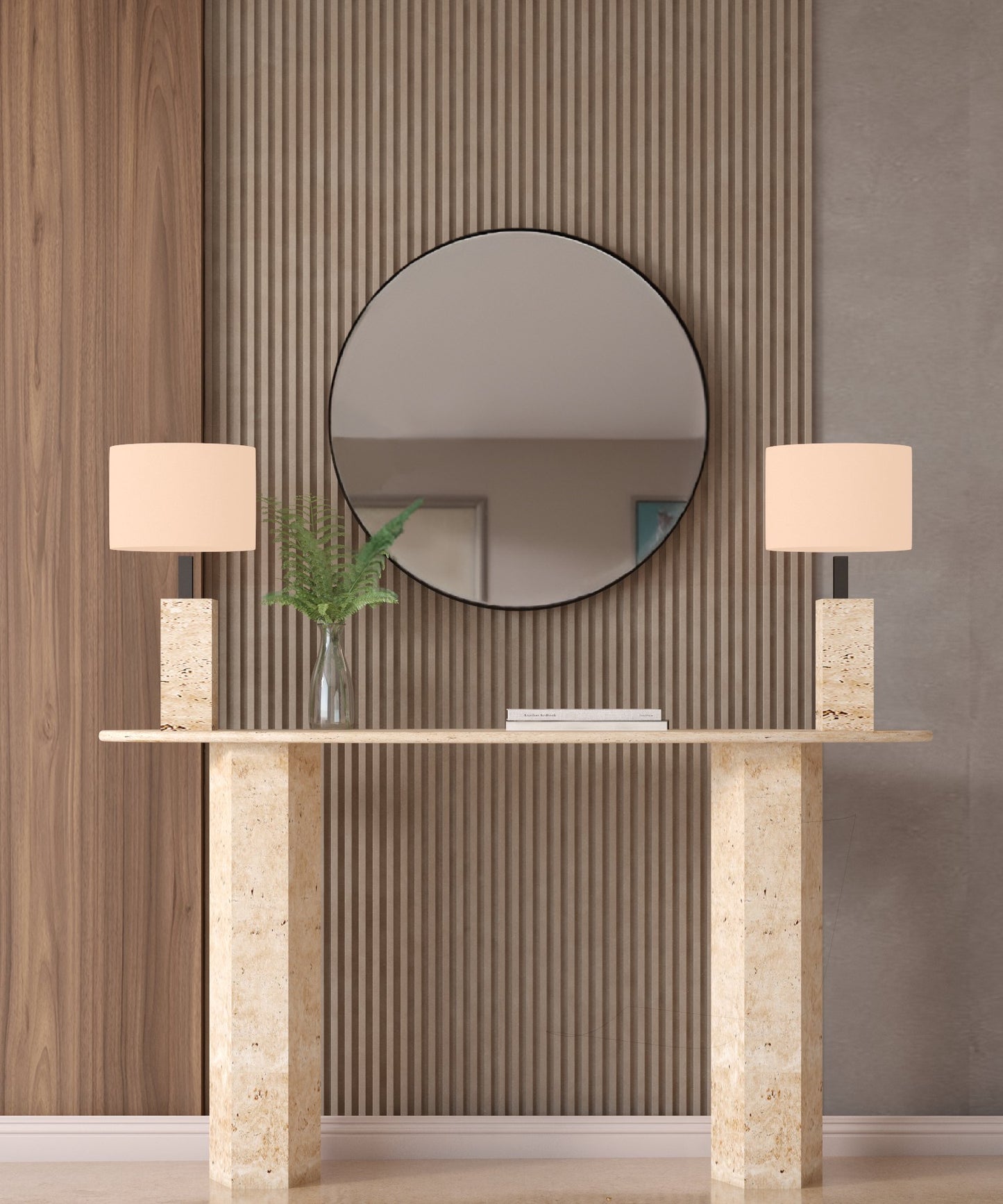 Ellips Travertine Console Table with Hexagonal Pedestal Base – Organic Stone Base – Customizable Console Table