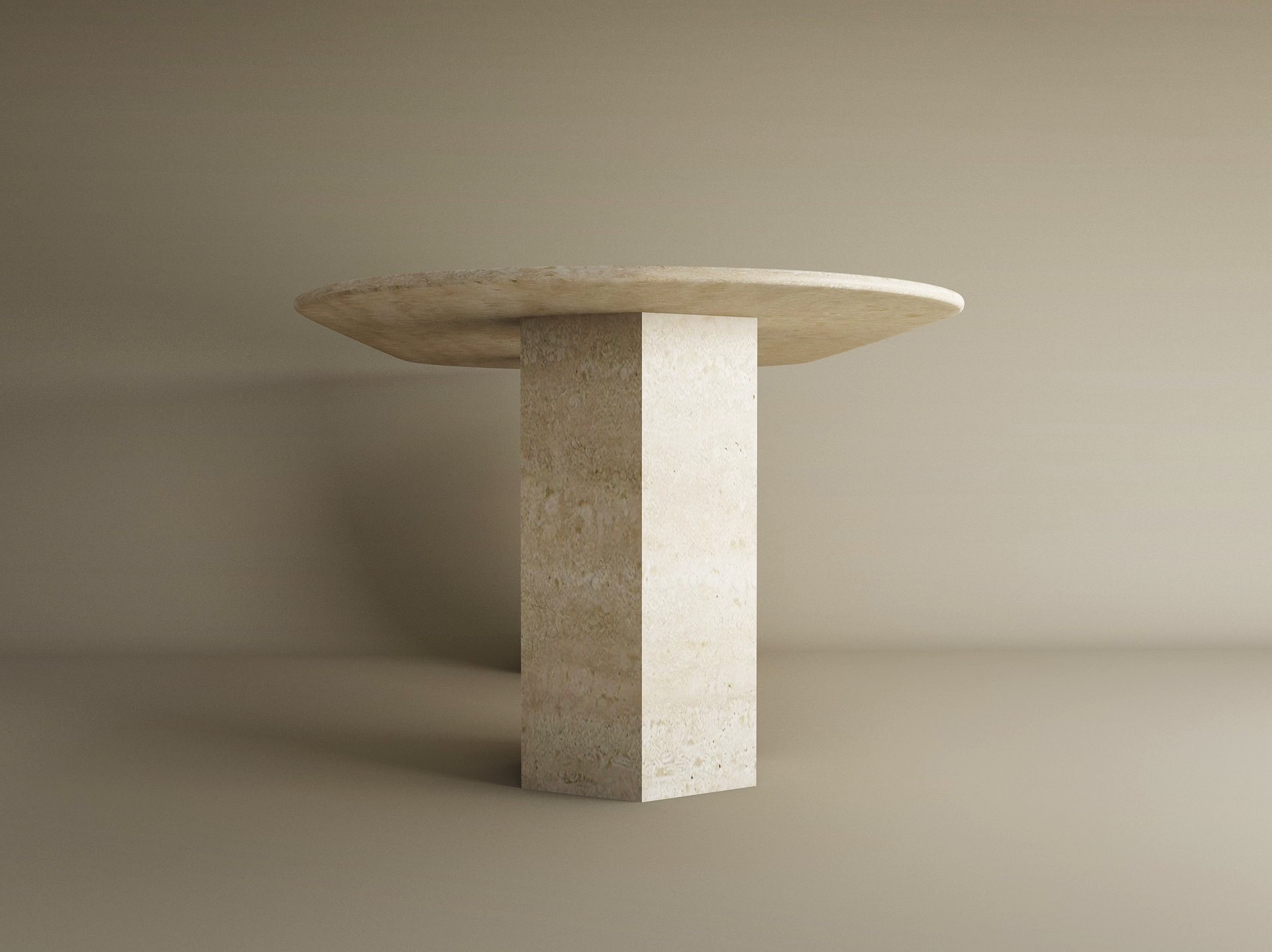 The TRAVERTABLE Oval Travertine Dining Table features a natural stone top and a hexagonal pedestal base, set against a neutral background. This customizable dining table combines organic style with elegant design.