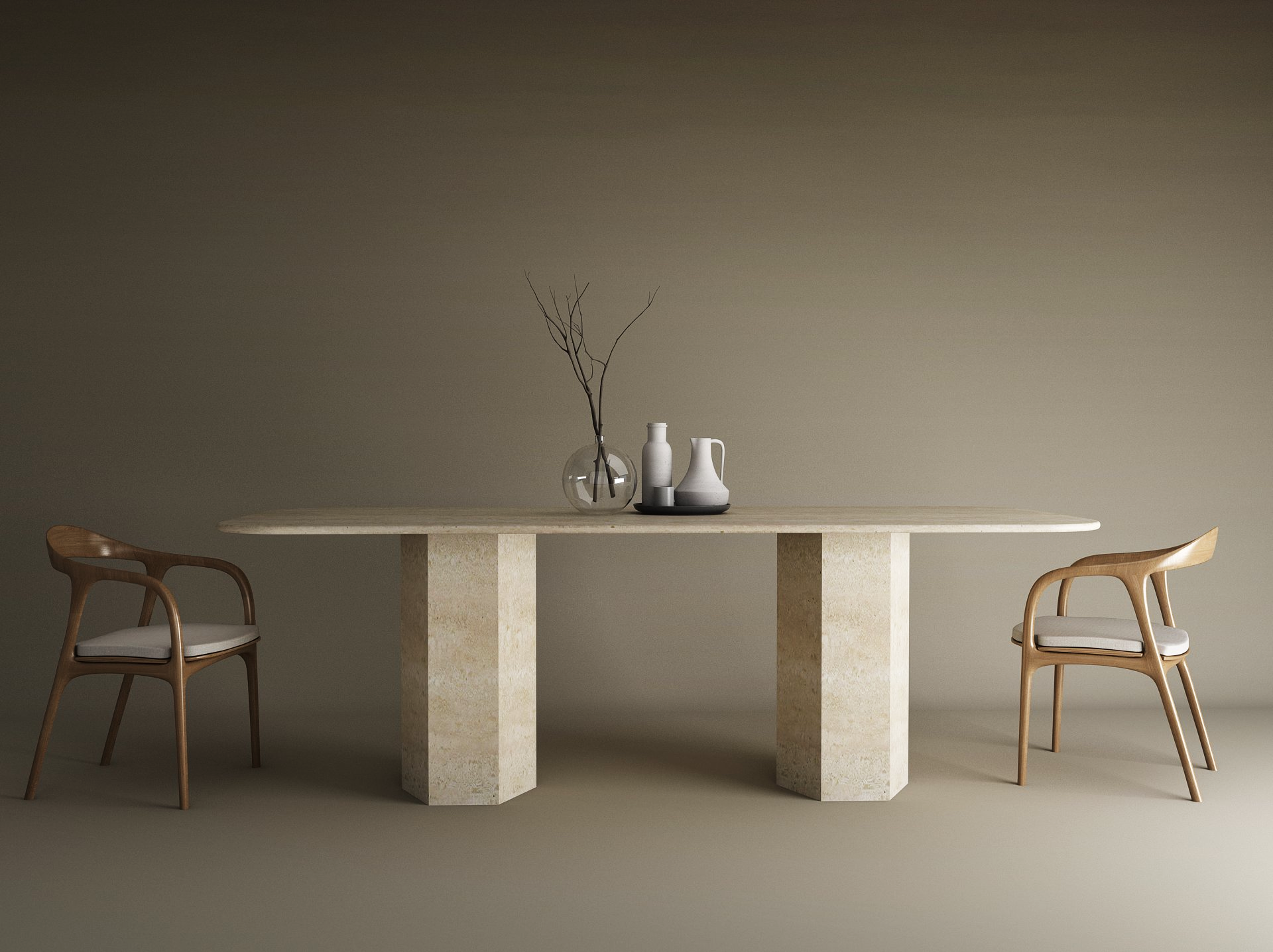 A minimalist dining setup showcases the TRAVERTABLE Rectangular Travertine Dining Table with a hexagonal organic stone base, paired with two cushioned wooden chairs and simple vase decor set against a neutral beige backdrop.