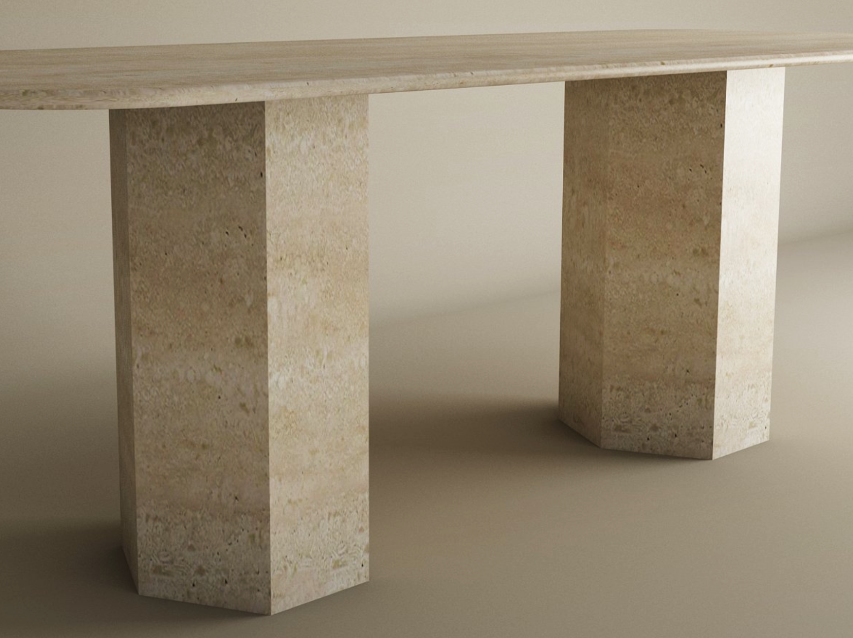 The TRAVERTABLE Rectangular Travertine Dining Table features a natural stone tabletop and two hexagonal pedestal bases, blending minimalist design with organic travertine—perfect for modern dining spaces. Customizable to fit your style.