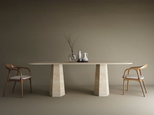 Rectangular Travertine Dining Table with Tapered Round Base – Solid Travertine Stone Base – Customizable Dining Table