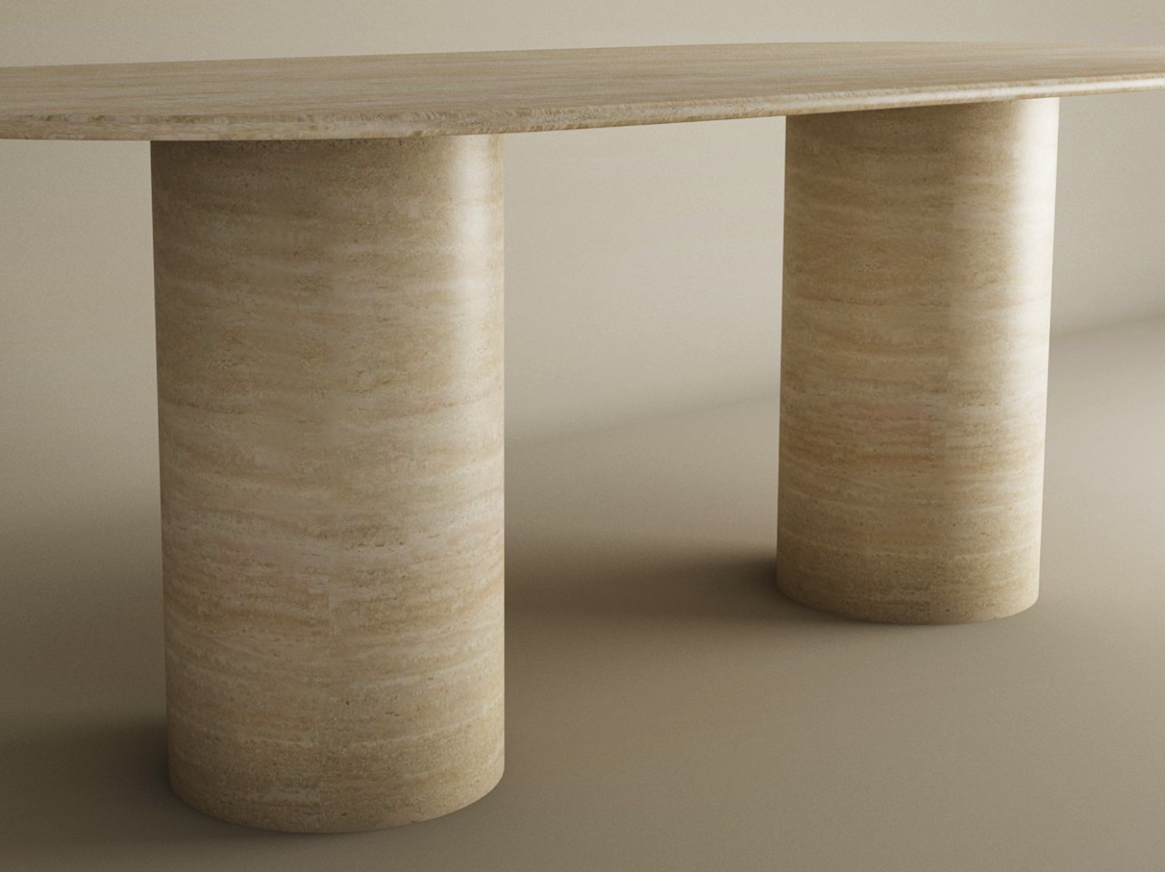 The TRAVERTABLE Oval Travertine Dining Table features a smooth cylinder pure travertine stone base and an elegant natural stone tabletop, customizable to suit your space, shown here in beige against a neutral background.
