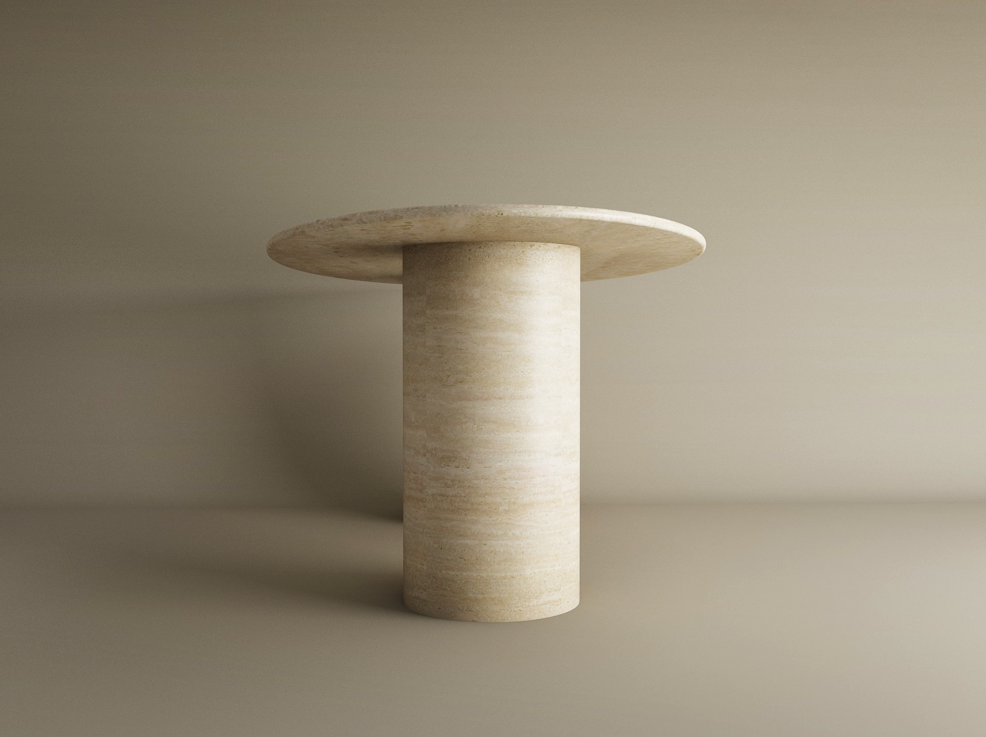 The TRAVERTABLE Rectangular Travertine Dining Table features a pure travertine stone cylindrical base and a wide, flat tabletop, shown against a plain light brown background; this customizable dining table combines elegance with natural materials.