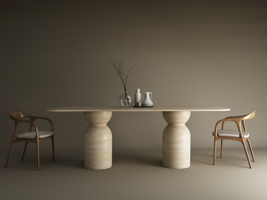 Rectangular Travertine Dining Table with Sculptural Round Base – Organic Travertine Stone Base – Customizable Dining Table