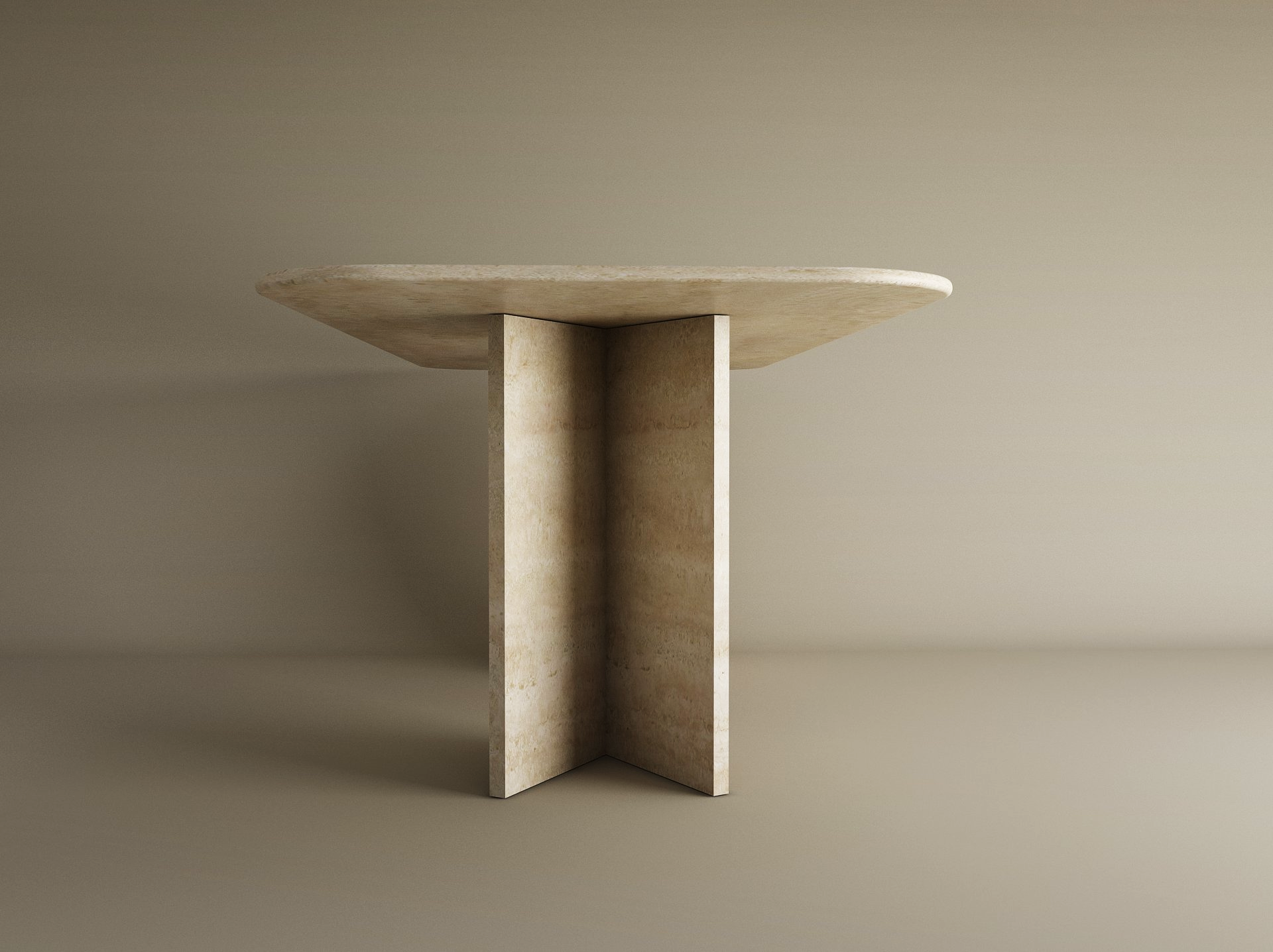 The TRAVERTABLE Rectangular Travertine Dining Table features a natural travertine stone top and a split-V pedestal base—a customizable, minimalist heirloom piece perfect for modern spaces.