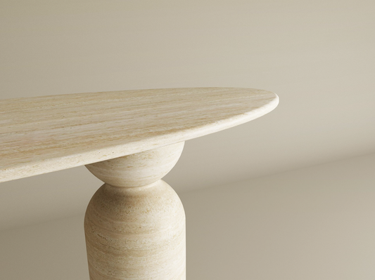 Ellips Travertine Console Table with Sculptural Round Base – Organic Travertine Stone Base – Customizable Console Table