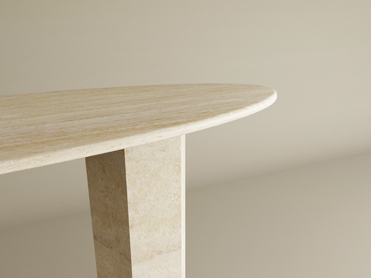 Ellips Travertine Console Table with Hexagonal Pedestal Base – Organic Stone Base – Customizable Console Table