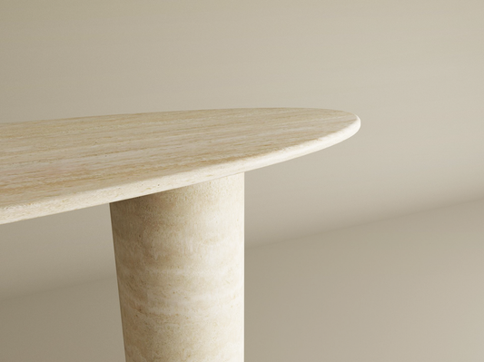 Ellips Travertine Console Table with Smooth Cylinder Base – Pure Travertine Stone Base – Customizable Console Table