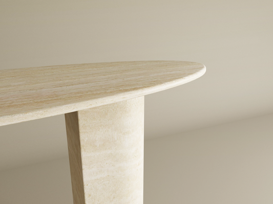 Ellips Travertine Console Table with Sloped Pedestal Base – Natural Stone Base – Customizable Console Table