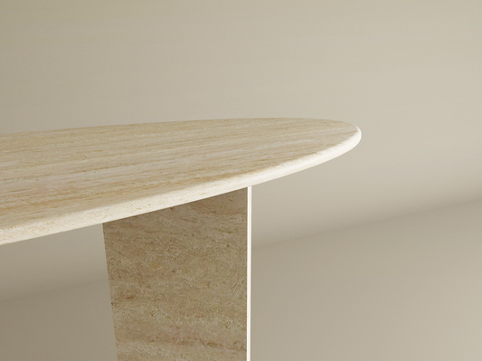 Ellips Travertine Console Table with Split-V Pedestal Base – Travertine Stone Base – Customizable Console Table