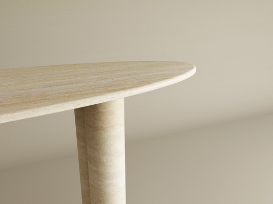 Ellips Travertine Console Table with Conical Pedestal Base – Organic Travertine Stone Base – Customizable Console Table