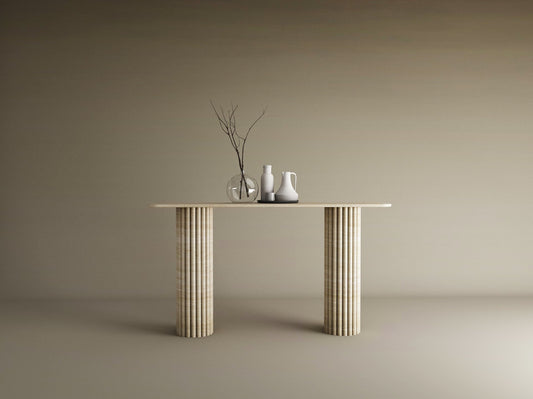 Rectangular Travertine Console Table with Vertical Groove Base – Organic Stone Base – Customizable Console Table