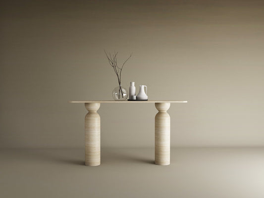 Rectangular Travertine Console Table with Sculptural Round Base – Organic Travertine Stone Base – Customizable Console Table