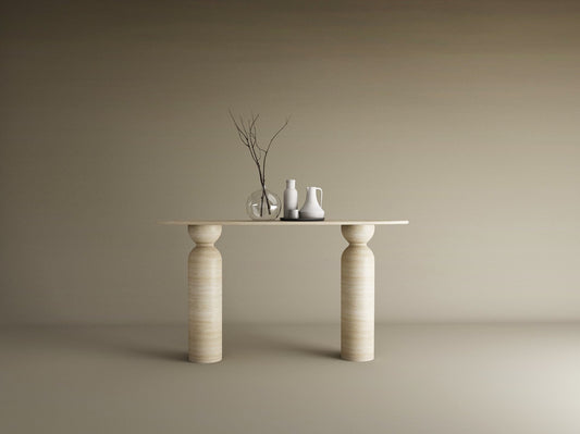 Ellips Travertine Console Table with Sculptural Round Base – Organic Travertine Stone Base – Customizable Console Table