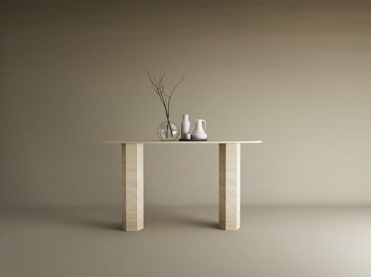 Ellips Travertine Console Table with Hexagonal Pedestal Base – Organic Stone Base – Customizable Console Table