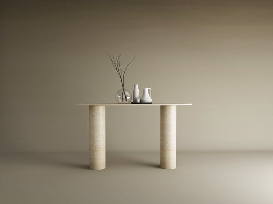 Ellips Travertine Console Table with Smooth Cylinder Base – Pure Travertine Stone Base – Customizable Console Table