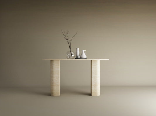 Ellips Travertine Console Table with Sloped Pedestal Base – Natural Stone Base – Customizable Console Table