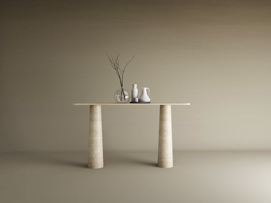 Rectangular Travertine Console Table with Conical Pedestal Base – Organic Travertine Stone Base – Customizable Console Table