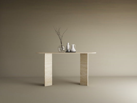 Ovale Travertine Console Table with Split-V Pedestal Base – Travertine Stone Base – Customizable Console Table