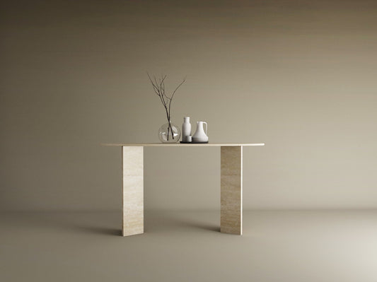 Ellips Travertine Console Table with Split-V Pedestal Base – Travertine Stone Base – Customizable Console Table