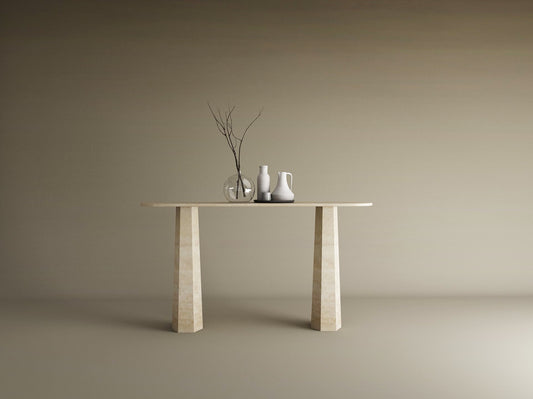 Ovale Travertine Console Table with Tapered Round Base – Solid Travertine Stone Base – Customizable Console Table